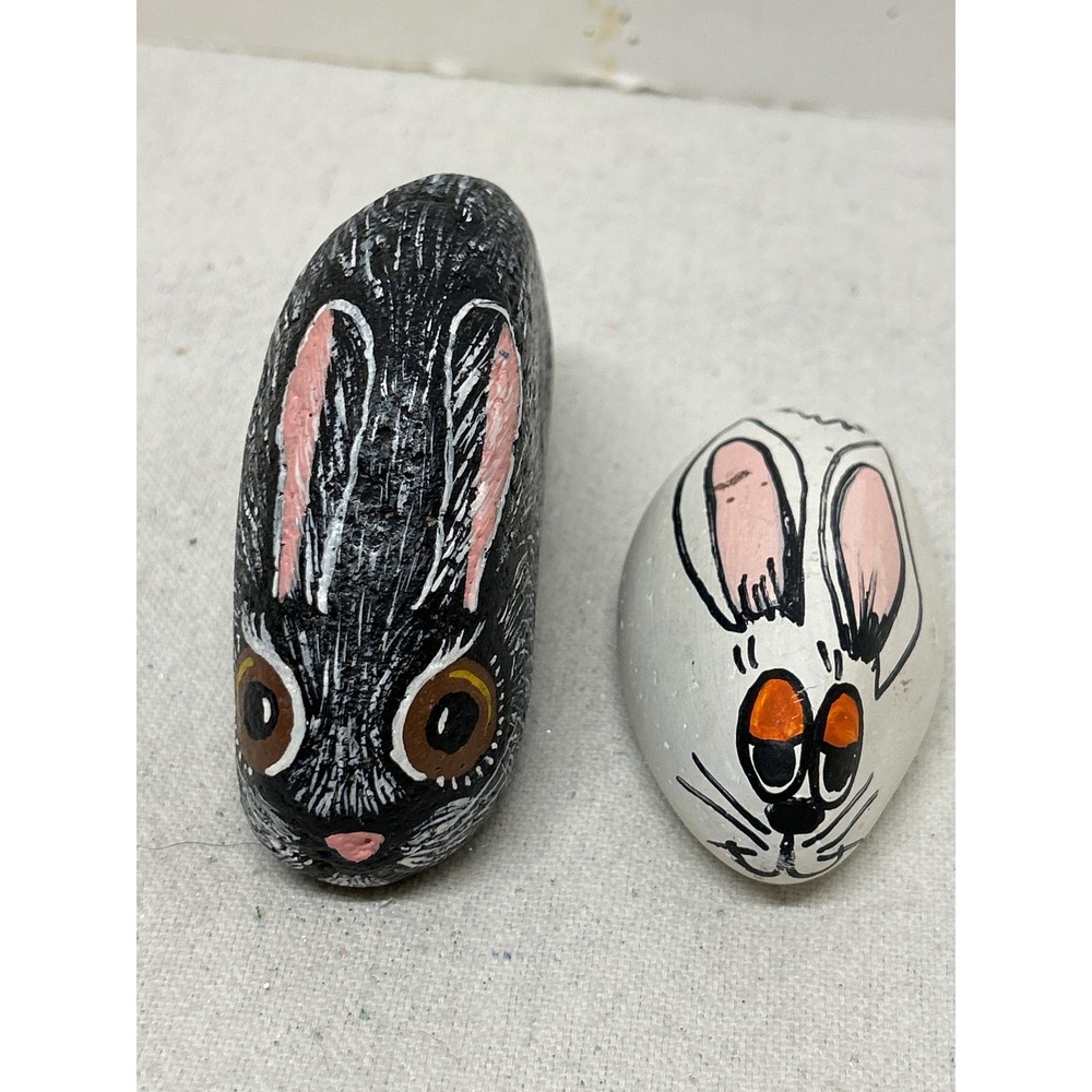 Vintage Hand Painted Rabbit Rocks Set of 2 Black and‎ White Bunny Folk Art Decor
